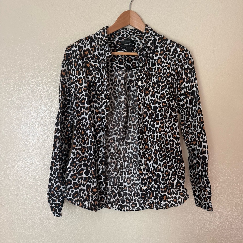 J. Crew Perfect Linen Blend Leopard Print Button-Up Shirt